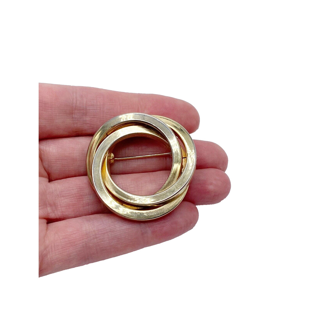 Vintage Bold Gold Tone Love Knot Round Swirl Layered Brooch Retro Statement 1.5"